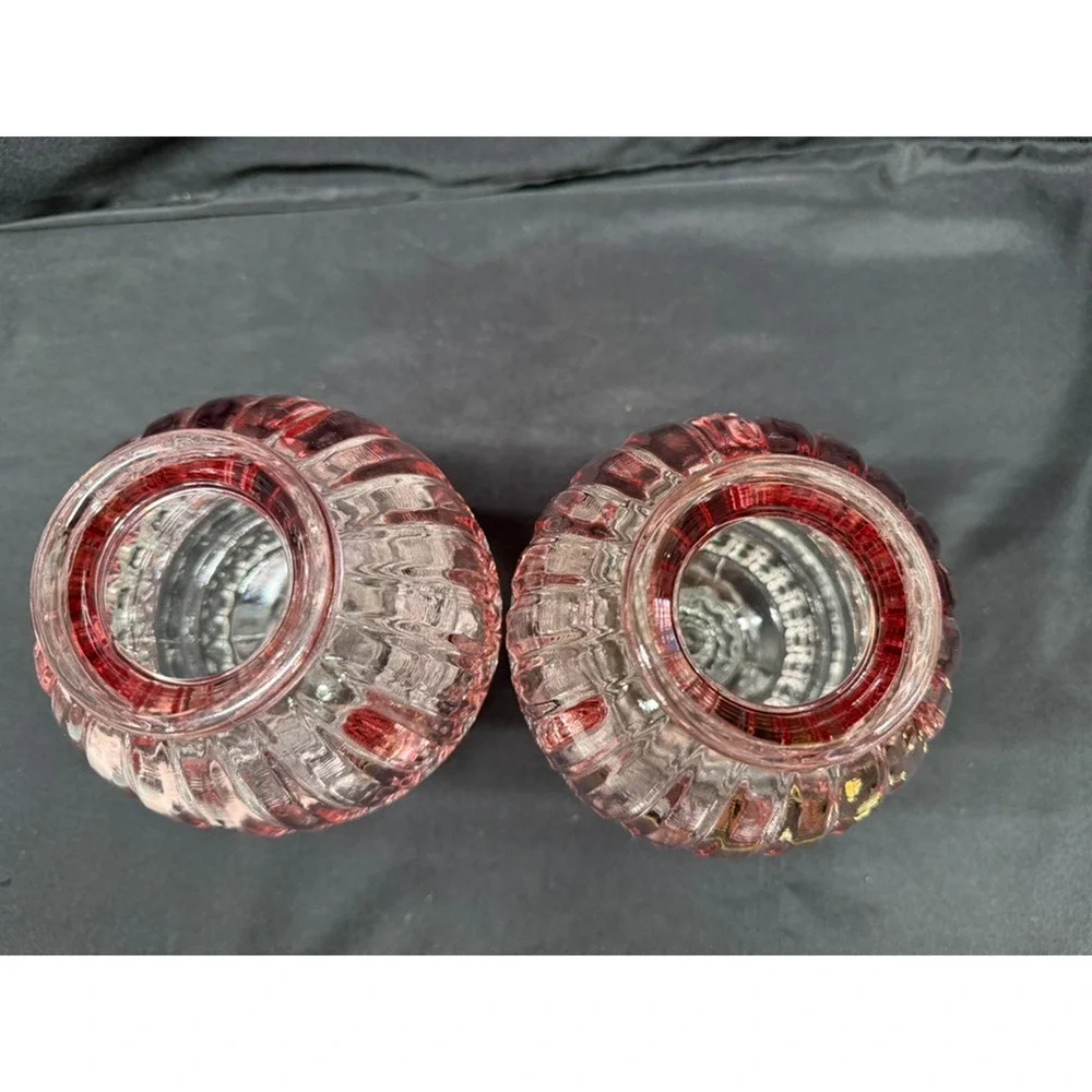Pair of L.E. Smith Vintage Pink Fairy Lamps Clear Glass Pedestal Candle Holders